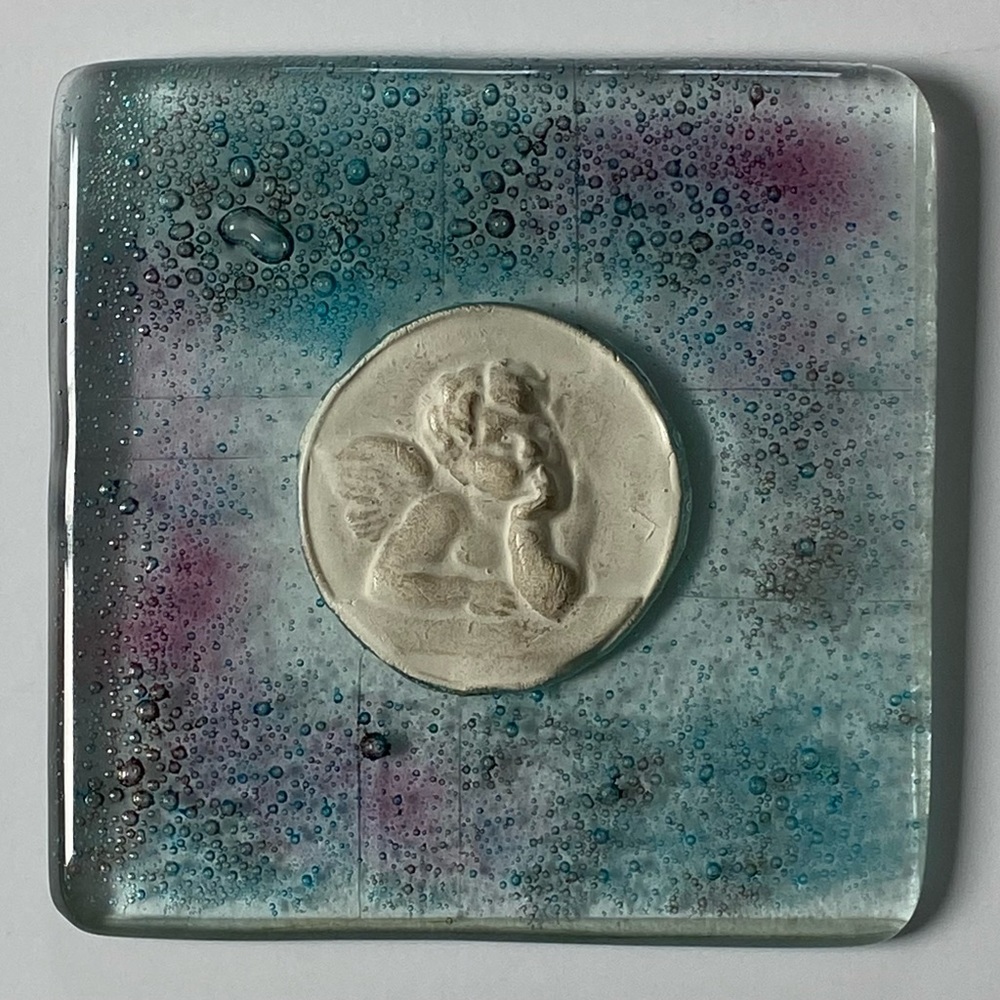 Fused Art Glass Wall Hanging Cherub Cupid Angel Plaque Blue Green 5.25” Square